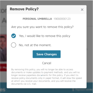 Insurance policy removal pop-up